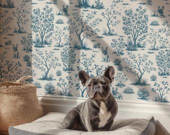 Blue Toile French Bulldog Wallpaper, Dog Theme Peel & Stick Vinyl Wallpaper, Toile de Jouy Wallpaper, Whimsical Dog Mural, Vintage Wallpaper