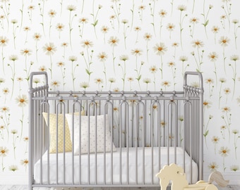 Wallpaper White Daisy for Girls Room PVC Free, Flowers Pattern Wall Decor Peel and Stick, Accent Wall Covering Removable for Nursery