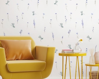 Light Wallpaper with Tiny Flowers Peel and Stick, Wildflower Accent Wall Decor for Living Room, Blue Pattern Botanical Wall Art for Home