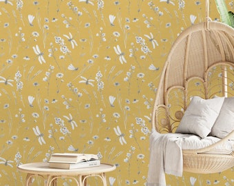 Boho Wallpaper with Grey Pattern Natural Print PVC Free, Peel and Stick Floral Wallpaper Yellow Background for Cottage Decor