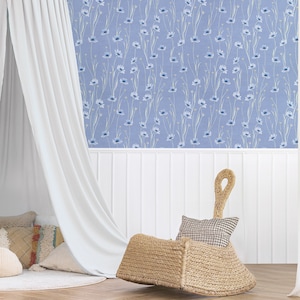 Blue Wallpaper with Flower Pattern PVC Free, Removable Wall Covering Botanical Accent for Home Decor, Rustic Peel And Stick For Living Room
