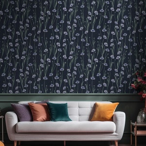 Black Wallpaper with Floral Pattern for Living room, Removable Wall Mural Botanical Accent PVC-free Cottage Decor, German Vinyl for Home