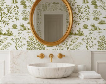 Green Toile Goldendoodle Wallpaper, Dog Theme Peel & Stick Wallpaper, French Wallpaper, Toile de Jouy Wallpaper, Whimsical Dog Mural