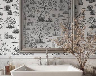 Bengal Toile Peel & Stick Vintage Wallpaper, Toile de Jouy Cat Wallpaper, Whimsical Bengal Cat Mural for Bathroom, Grooming Salon or Cafe