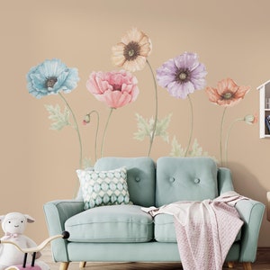 Poppy Flowers Wall Sticker Girls Nursery Decor, Peel and Stick Removable Floral Wall Decals Bedroom, Large Wall Sticker Poppy Watercolor