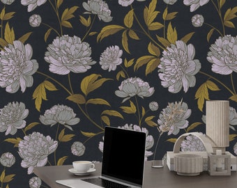 Papel pintado floral oscuro estilo William Morris con estampado sin costuras, papel pintado vegetal sin PVC estilo bohemio, mural de pared extraíble con estampado de peones grandes.