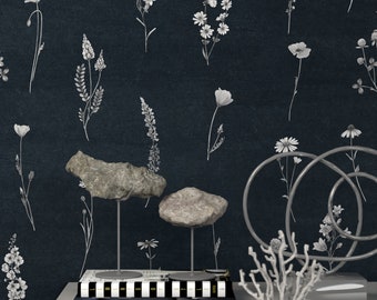 Stimmungsvolle botanische Tapete zum Abziehen und Aufkleben, abnehmbare Wandtapete mit Blumenmuster für Schlafzimmer, Wandtapete mit Wildblumenmotiv im Stil der Dunklen Akademie für Badezimmerdekoration