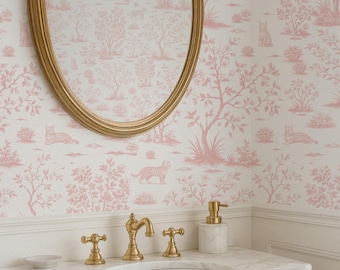 Toile de Jouy Cat Wallpaper, Toile Peel & Stick Vintage Wallpaper, Whimsical Pink Bengal Cat Mural for Bathroom, Grooming Salon or Cafe