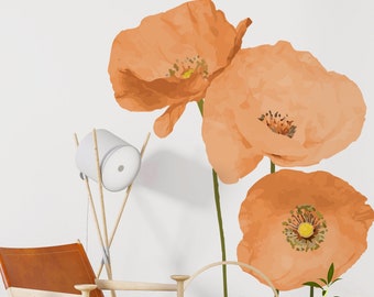 Orange Poppy Wall Decal Peel and Stick, Floral Wall Sticker for Dining Room, Botanical Flower Decor for Living Room