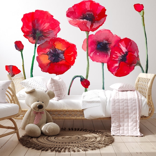 Red Flower Wall Decal for Nursery, Wall Decal Flowers Poppies for Home Decor, Large Red Wall Sticker Poppy Watercolor Print Decal