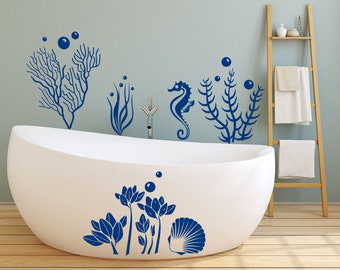 Wall Decals Sea Ocean for Bathroom Decor, PVC Free Nautical Wall Decal for Nursery, Marine Life Wall Sticker for Home Decoration