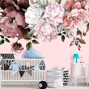 Flower Peony Wallpaper Peel and Stick, Botanical Pattern Self Adhesive for Bedroom, Temporary Wall Mural Flowers for Girl's Room Decor image 3