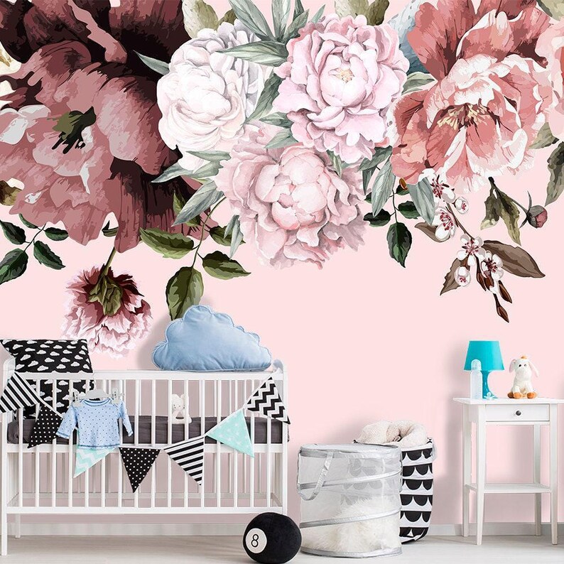 Flower Peony Wallpaper Peel and Stick, Botanical Pattern Self Adhesive for Bedroom, Temporary Wall Mural Flowers for Girl's Room Decor image 3