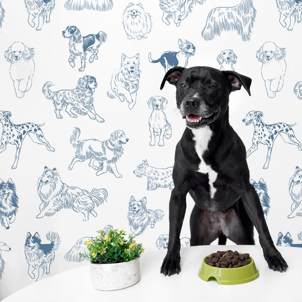 Blue Wallpaper Dog Coloring Peel and Stick, PVC Free Wall Mural with Pets, Wall Covering Roll Removable Decor for Grooming Dog salon