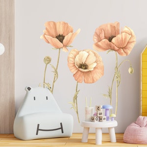 Poppy Flowers for Girl Room Decoration - Nursery Poppy Flower Wall Decal - Watercolor hand drawn Floral Sticker - Floral Kids Room R271