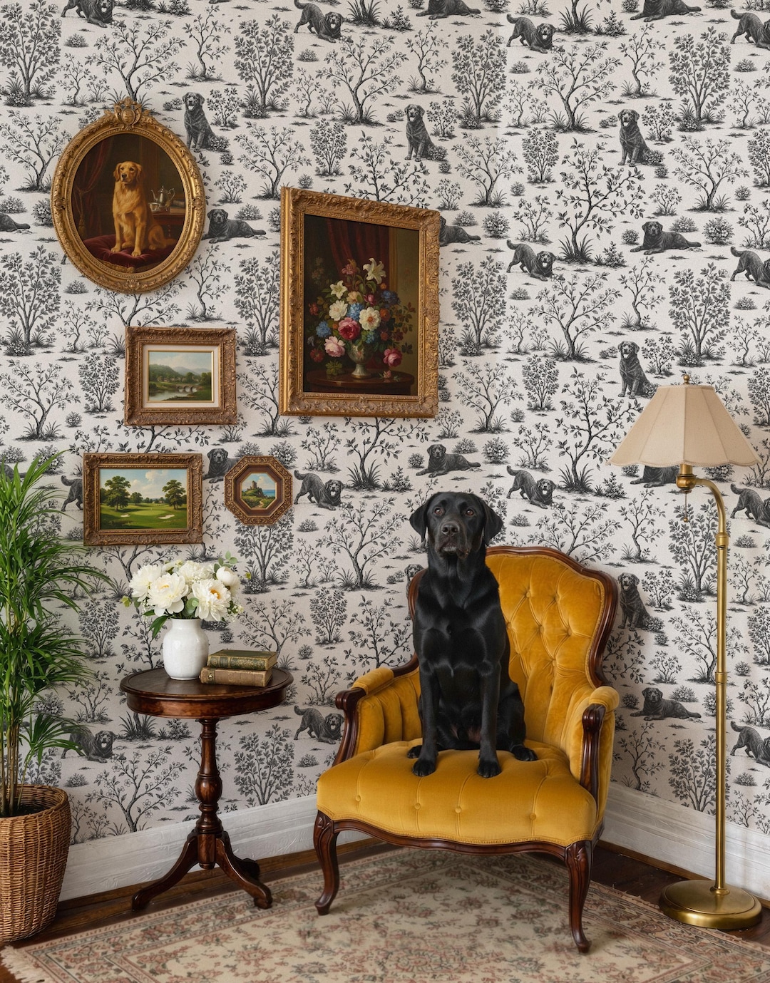 Labrador Pattern Wallpaper Whimsical Black Labrador Retriever Wallpaper for Living Room, Bedroom ...