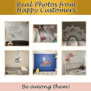 May include: A collage of six images showcasing different wall decals in various nursery settings. The decals feature a variety of designs, including a hot air balloon, a whale, a mandala, flowers, and a quote about the heart. The images also include a crib, a rocking chair, and other nursery furniture.