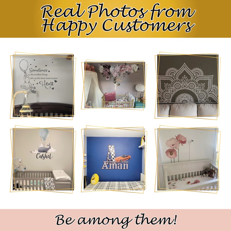 May include: A collage of six images showcasing different wall decals in various nursery settings. The decals feature a variety of designs, including a hot air balloon, a whale, a mandala, flowers, and a quote about the heart. The images also include a crib, a rocking chair, and other nursery furniture.