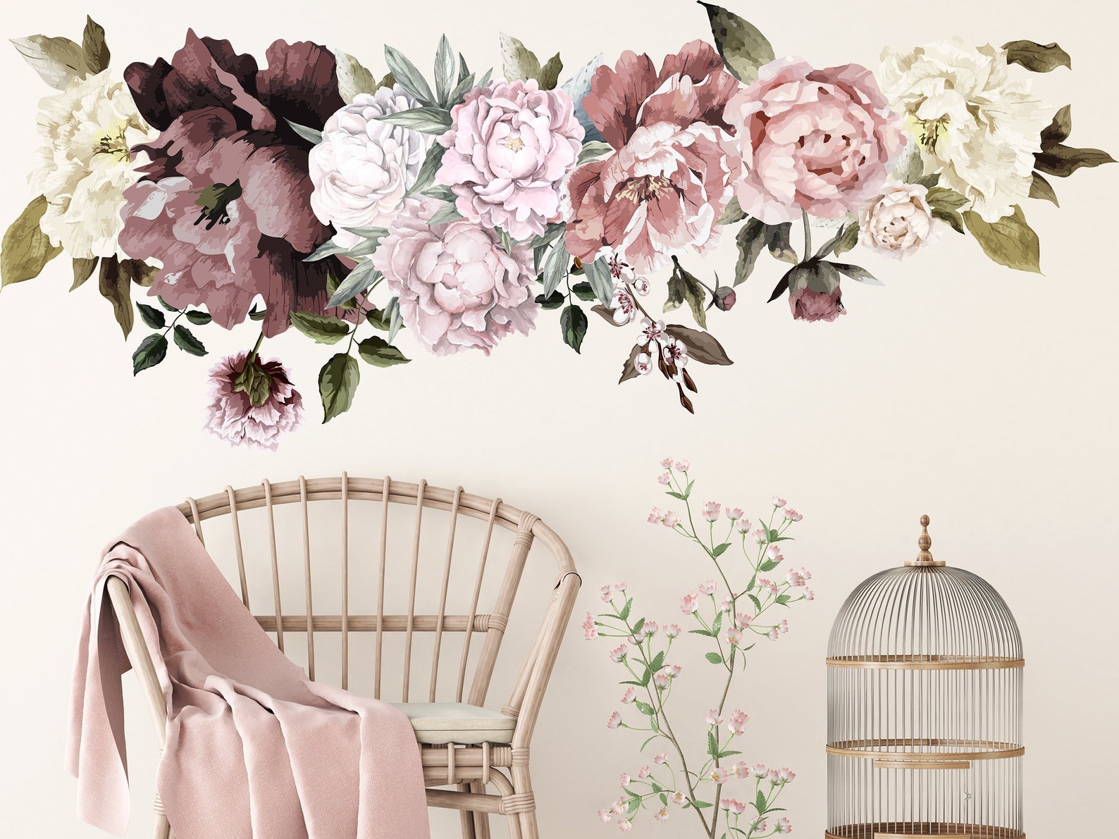 Peony Watercolor Flowers Wall Decals - Peony Colorful Wall Sticker ...