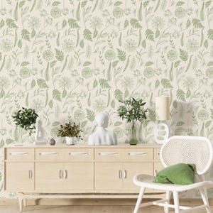 Sage Green Fern Botanical Wallpaper Peel and Stick, Plants Wall Mural Kitchen Wall Accent, Herbs Wildflower Self Adhesive Removable Decor
