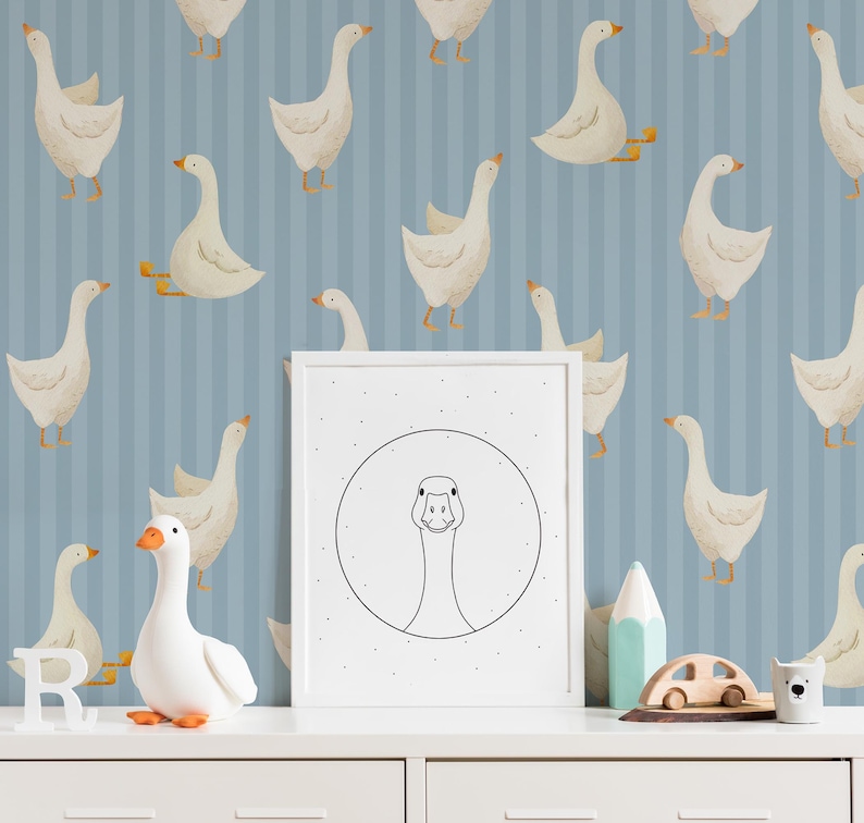 Pastel Blue Goose Wallpaper for Nursery, Farmhouse Wall Mural for Kids ...