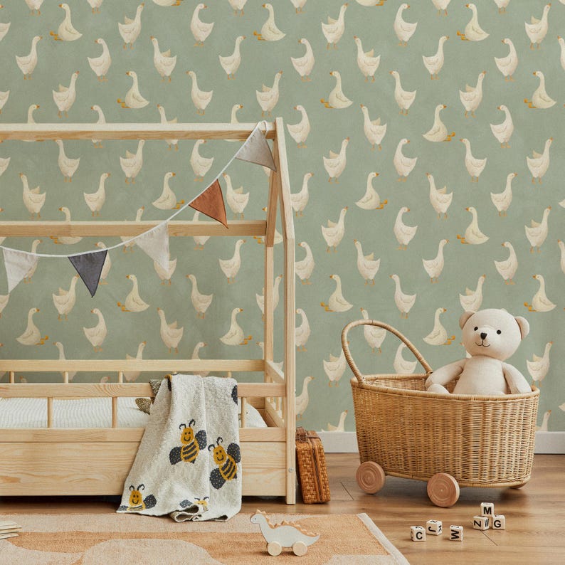 Farmhouse Pastel Green Goose Wallpaper for Nursery, Accent Wall Mural ...