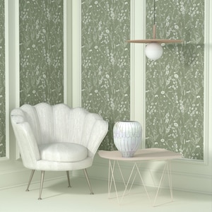 Sage Green Floral Wallpaper Peel and Stick, Cottage Kitchen Wallpaper Roll, Boho Wildflower Wallpaper Removable, PVC Free image 2
