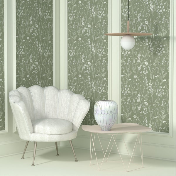 Sage Green Floral Wallpaper Peel and Stick, Cottage Kitchen Wallpaper Roll, Boho Wildflower Wallpaper Removable, PVC Free