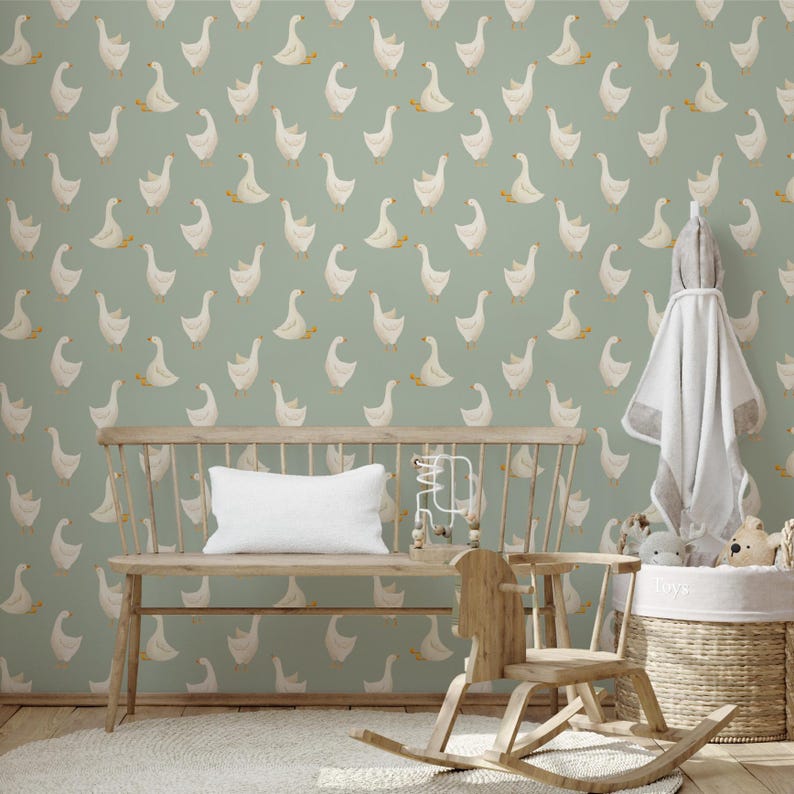 Farmhouse Pastel Green Goose Wallpaper for Nursery, Accent Wall Mural ...