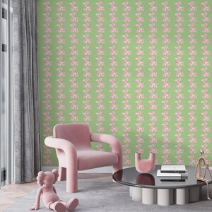 Carta da parati con palloncini barboncino rosa, stacca e incolla, carta da parati eclettica murale rimovibile, carta da parati colorata anni '70 in stile retrò, arte della parete con cane verde