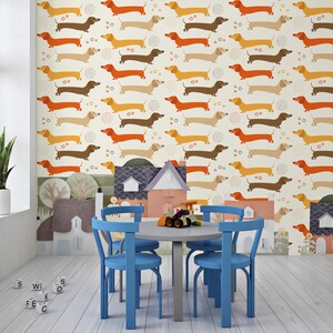 Divertido papel tapiz de perro salchicha para despegar y pegar, lindo mural de pared de perro salchicha para guardería, perro de dibujos animados colorido para salón de belleza, regalo para amantes de las mascotas