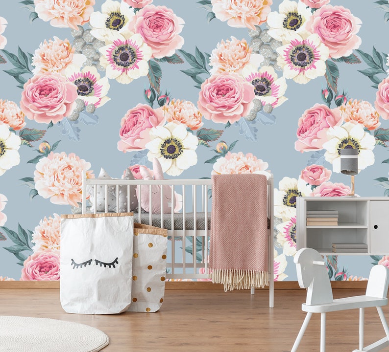 Floral Wallpaper for Girls Room Watercolor Flowers Print Etsy