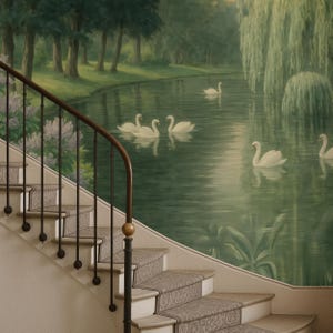 Swan Lake Peel and Stick Wall Mural, Calm Landscape Nature Wallpaper with Forest and Swans, Romantic Vintage Style Art for Living Room image 2