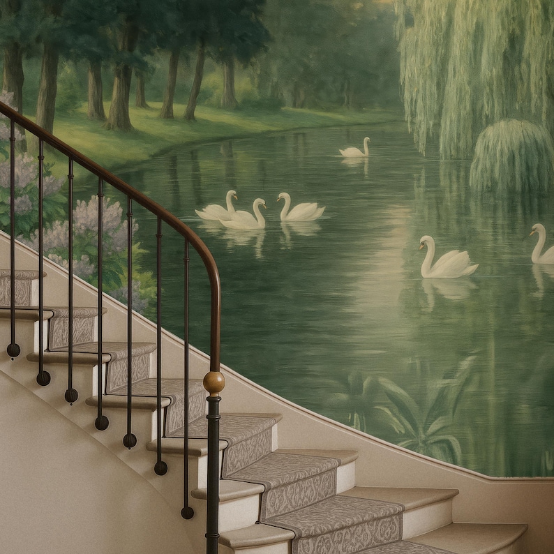 Swan Lake Peel and Stick Wall Mural, Calm Landscape Nature Wallpaper with Forest and Swans, Romantic Vintage Style Art for Living Room image 2