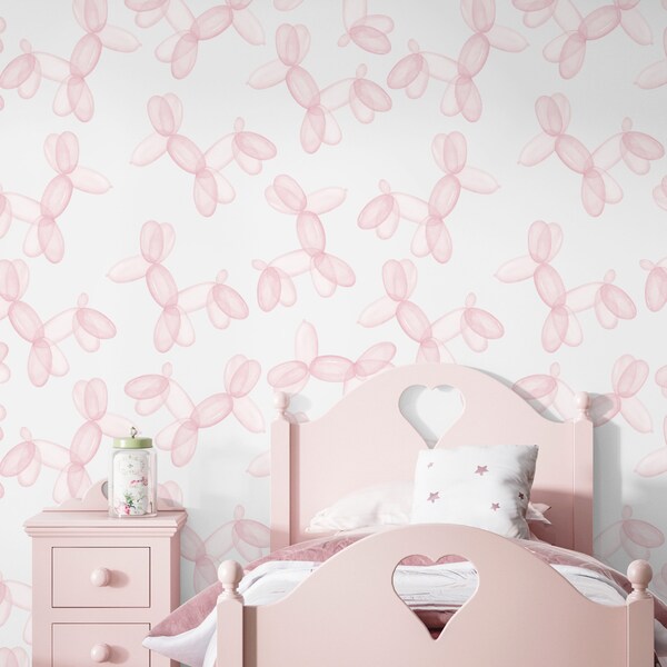 Pink Wallpaper with Hot Air Balloon for Girl Bedroom, Dog Wallpaper with Pretty Poodle for Girl Toddler, Removable Wall Decor with Poodle