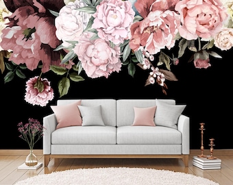 Dark Peony Flower Wallpaper- Dark Floral Large Peony Wallpaper - Floral Wallpaper Mural Peel and Stick Bedroom Decoration K260