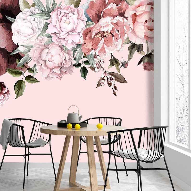 Flower Peony Wallpaper Peel and Stick, Botanical Pattern Self Adhesive for Bedroom, Temporary Wall Mural Flowers for Girl's Room Decor image 4