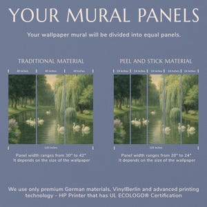 The image is a comparison of two different types of wallpaper panels, one with traditional material and the other with peel and stick material. The panels are divided into equal sections, and the image shows the panels with swans in a pond.