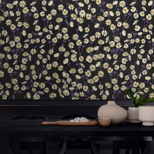 Floral Wallpaper on Dark Wall Peel and Stick Decor, Botanical Print Wall Mural Removable, Flower Wall Art for Cottage Decoration