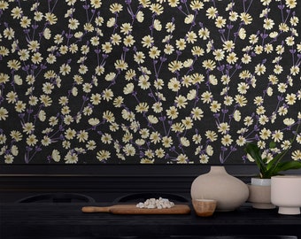 Daisy Wallpaper on Black Background Home Decor, Removable Wall Mural White Flower Plant, PVC Free Pattern Roll for Cottage Decoration