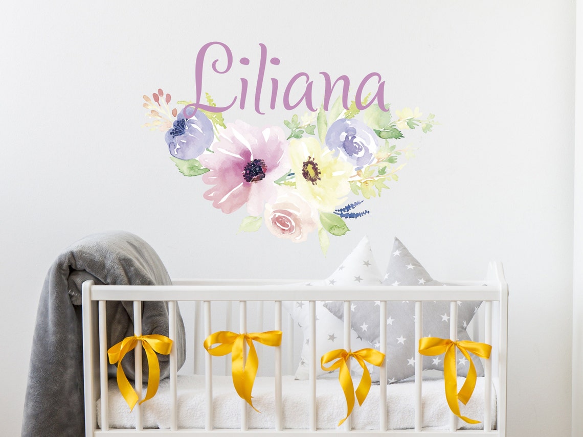 Watercolor Flowers Wall Decals - Girl Custom Name Wall Sticker - Baby ...