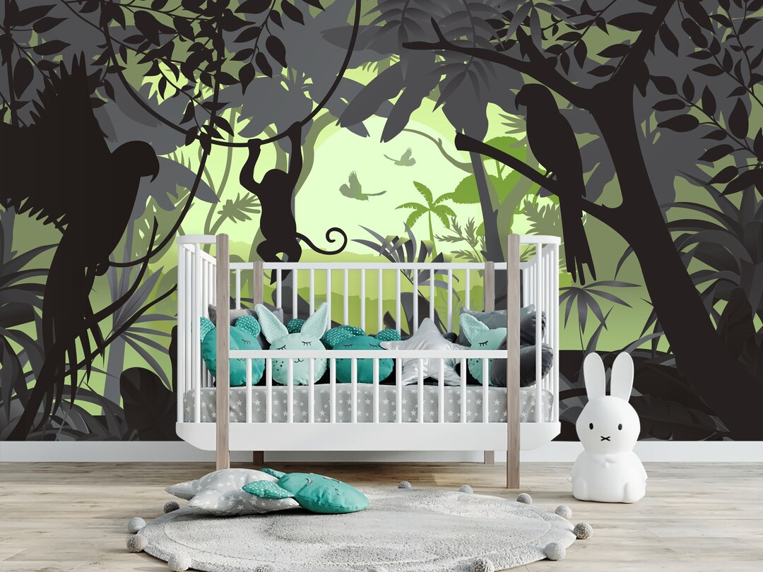 Jungle Wallpaper for Nursery Tropical Animals Wallpaper Monkey Animal Wall Mural Baby Room