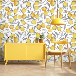 Yellow Wallpaper Removable for Dining Room, Lemon Pattern Wall Decor Roll PVC Free, Accent Fruit Wallpaper for Cottage Kitchen Decoration