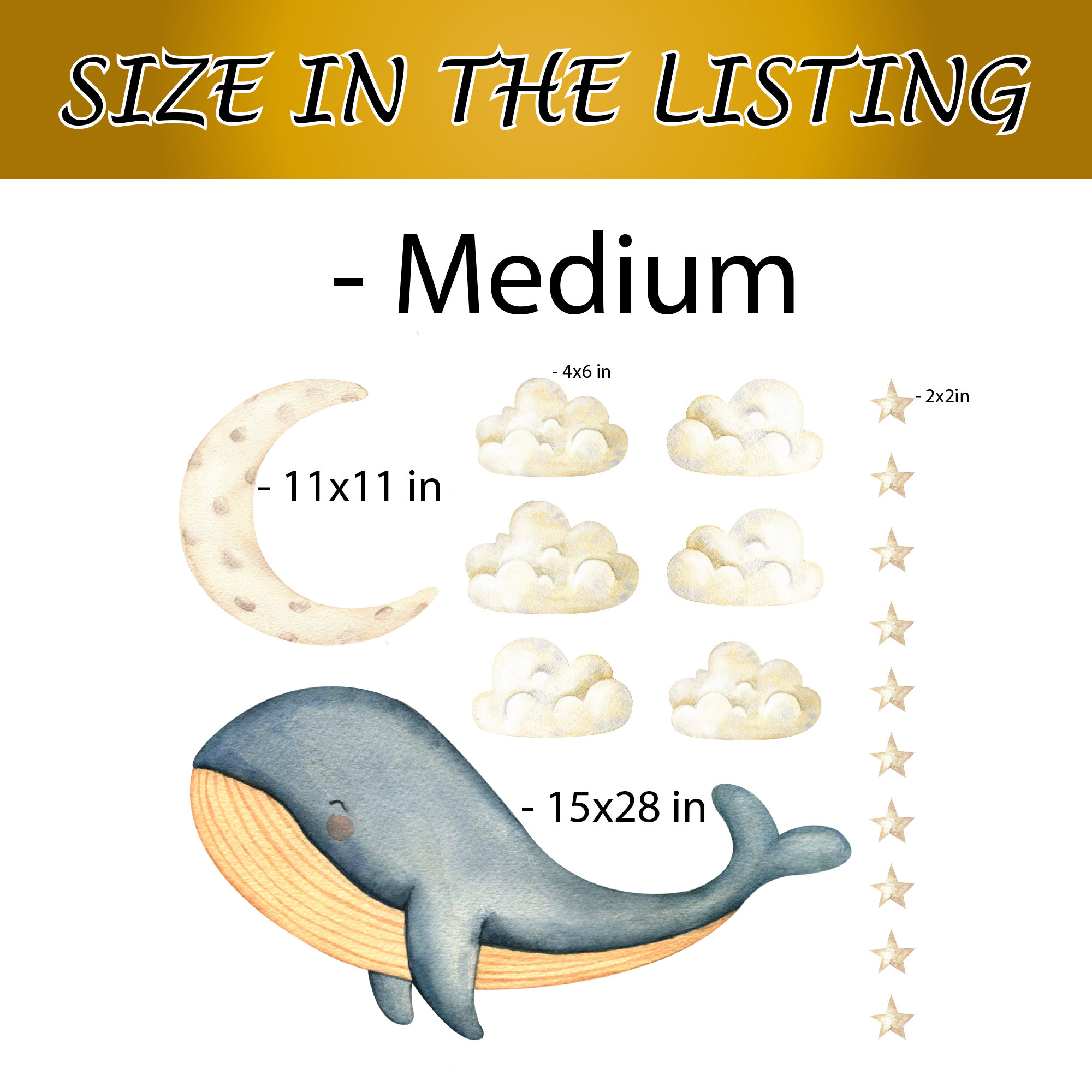 Watercolor Whale Nursery Wall Decal, Under the Sea Sticker, Set Moon ...