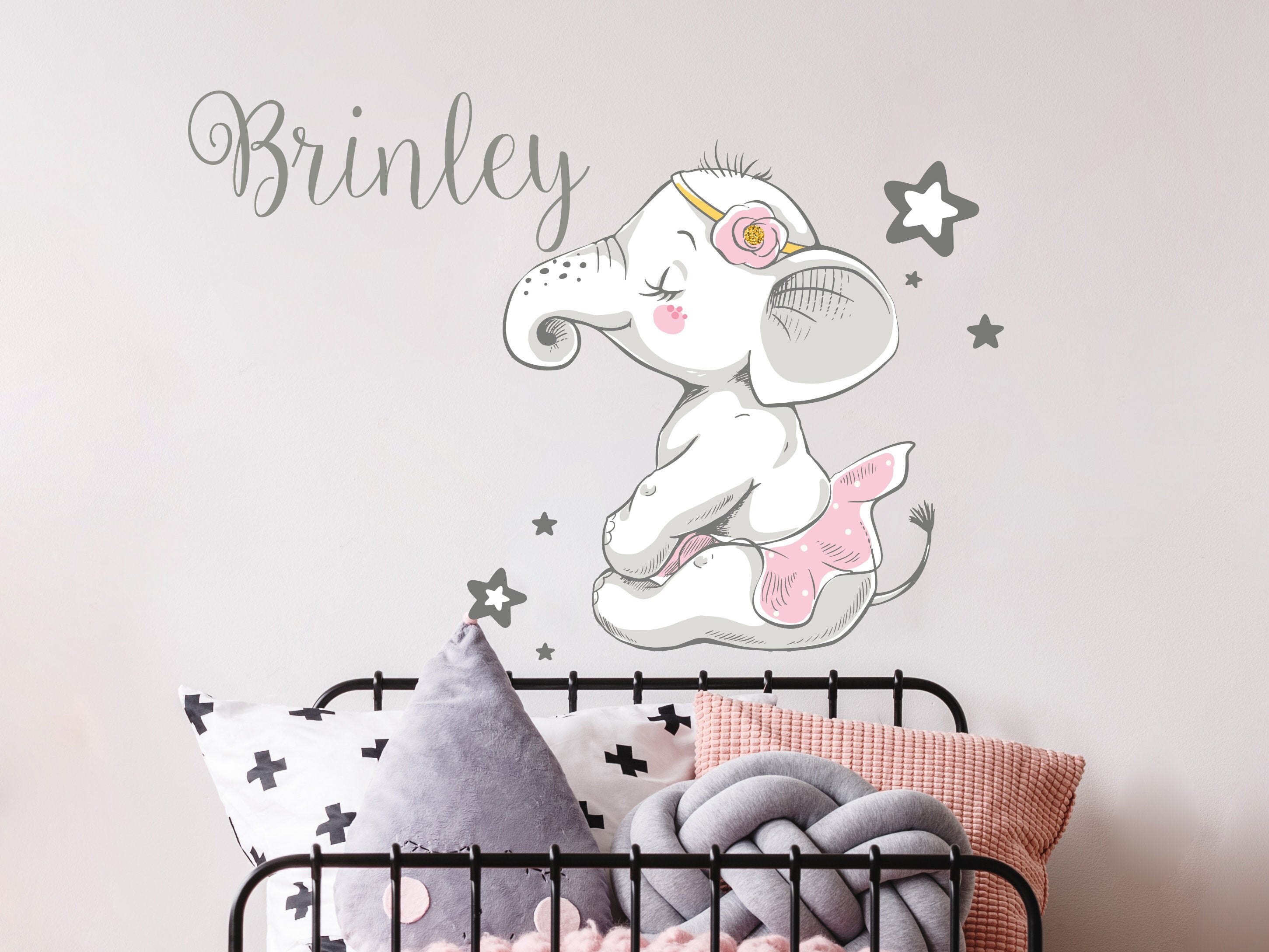 Elephant Name Wall Decal. Watercolor Elephant Decal. Girl Name Etsy