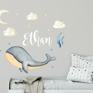 Watercolor Whale Boy Name Wall Decal - Underwater Scene Wall Sticker - Sea Life creatures for Nursery Decor - Clouds and Stars Decal R279