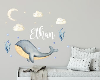 Watercolor Whale Boy Name Wall Decal - Underwater Scene Wall Sticker - Sea Life creatures for Nursery Decor - Clouds and Stars Decal R279