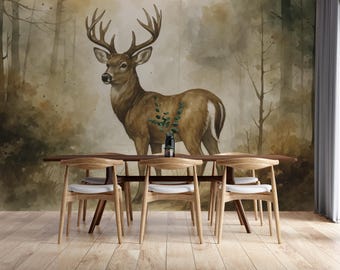 Deer Wall Mural Peel and Stick, Nature Wallpaper with Deer in Forest, Animal Wall Painting for Living Room, Forest Landscape Wallpaper Mural