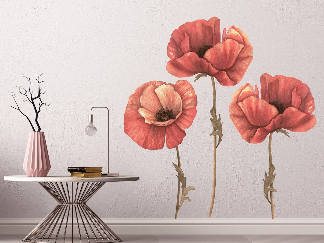 Poppy Flowers Wall Sticker for Bedroom Floral Decal Home Decoration ...