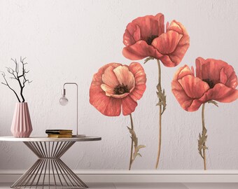 Poppy Flowers Wall Sticker for Bedroom - Floral Decal Home Decoration - Watercolor Poppy Wall Art Mural - Red Poppy Living Room Decor R277